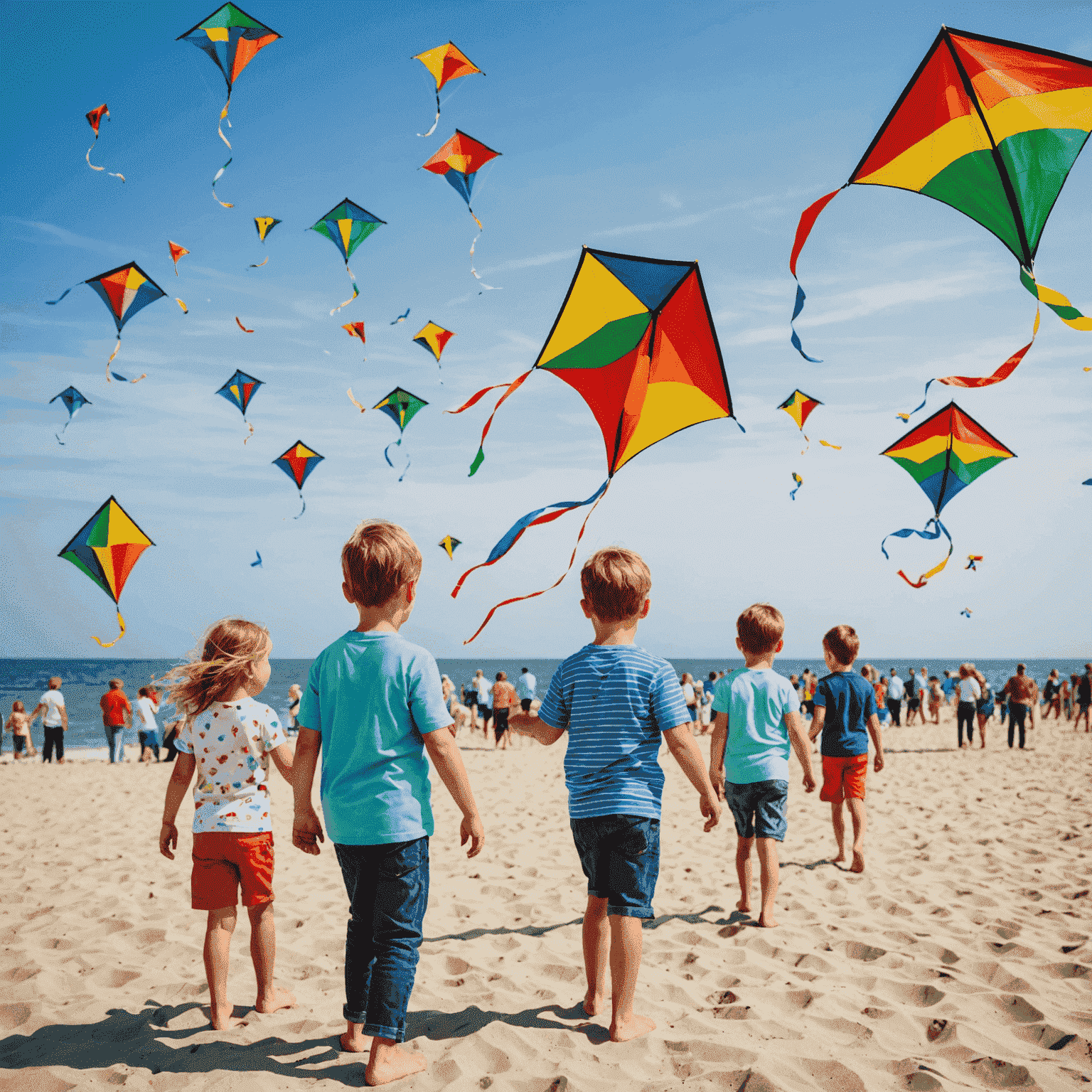 Plaża nad Bałtykiem pełna kolorowych latawców. Rodziny wspólnie puszczają latawce, niektóre dzieci uczą się robić własne latawce na warsztatach na plaży.